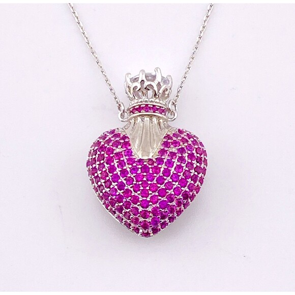 Crowned Heart Pave Ruby Pendant Necklace Puffy Hollow Heavy White Gold Plated - Picture 1 of 16